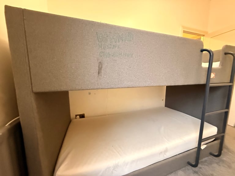 Grey Upholstered Bunk Bed with Mattresses – Quick Sale