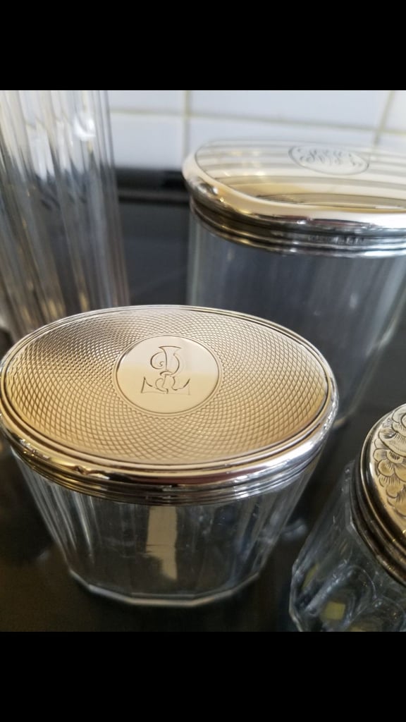 Antique Vanity Jars With Sterling Silver Lids.