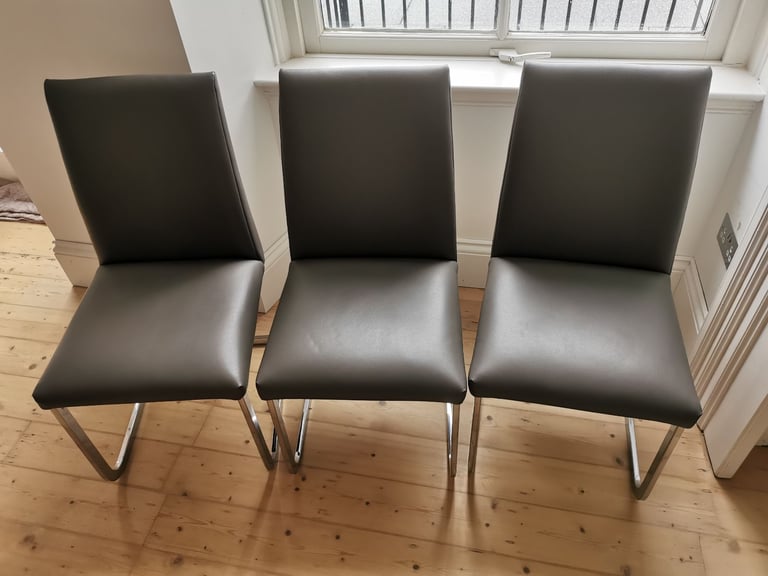 3x Grey leather and chrome dining chairs