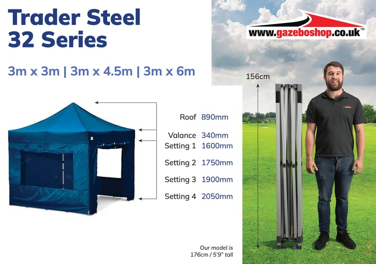 GAZEBOS - TWO 3m x 6m Trader Steel 32 Series - Also inc. Heaters, Gutters, Joining Strips