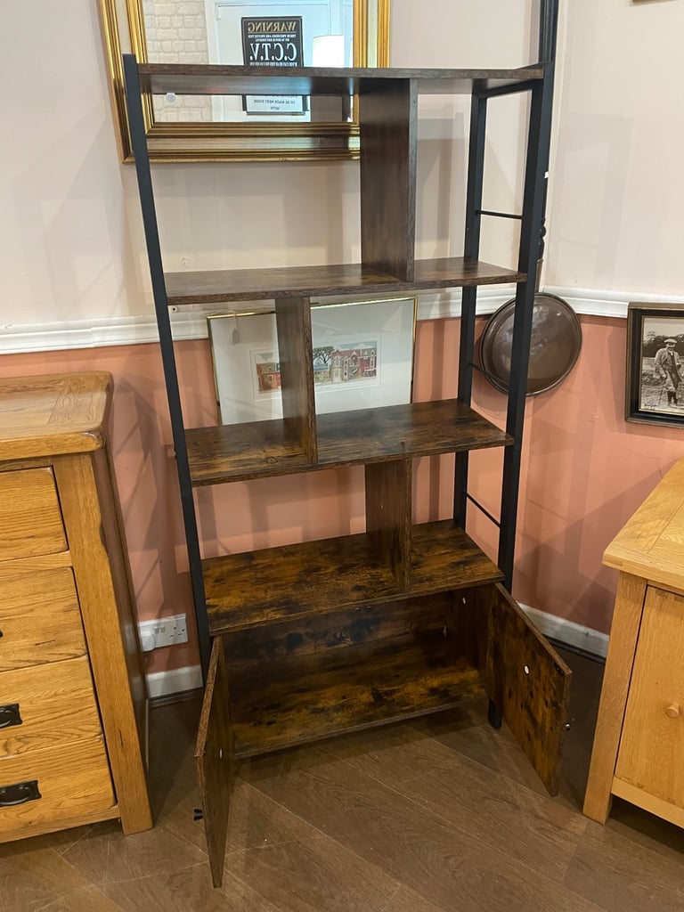 Shelving & cupboard unit in wood and black iron, very attractive vgc