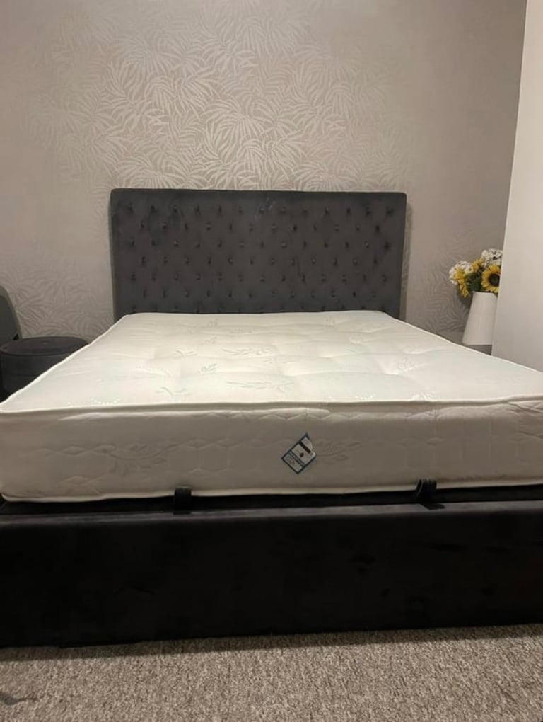 Grey king size ottoman bed with mattress 