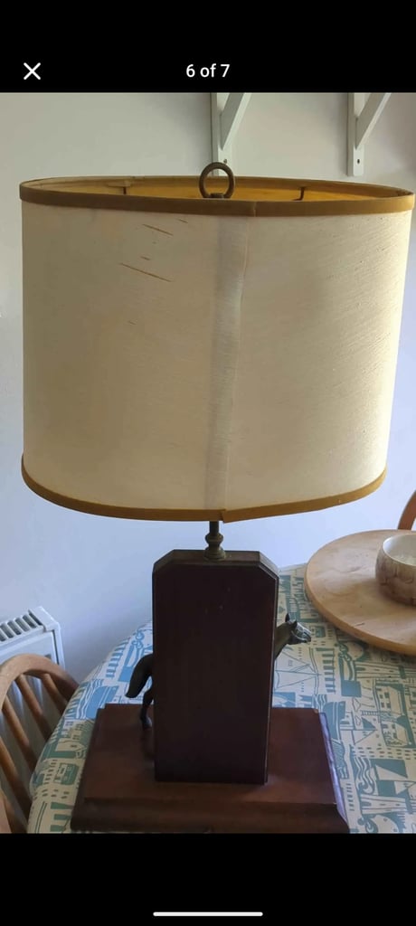 Antique 1920s/30s brass / pewter ? wood horse lamp with shade perfect for pub *open to offers*
