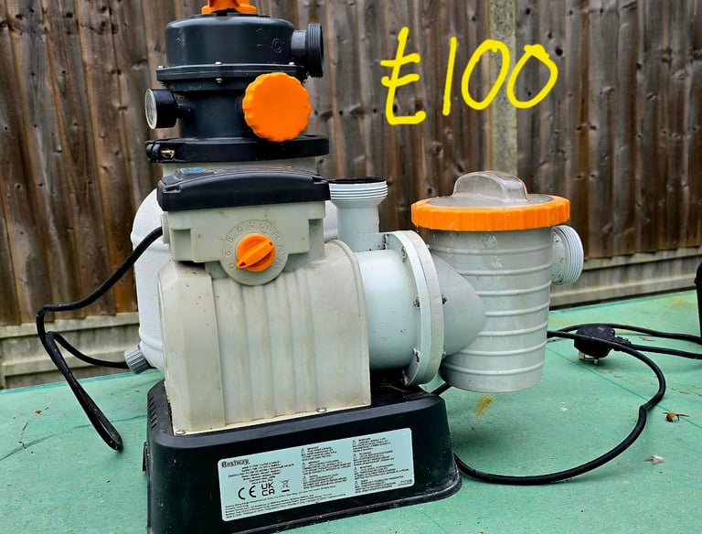 Pool heater, pool ladder, pool filter, flowclear, skimmer, and hoover