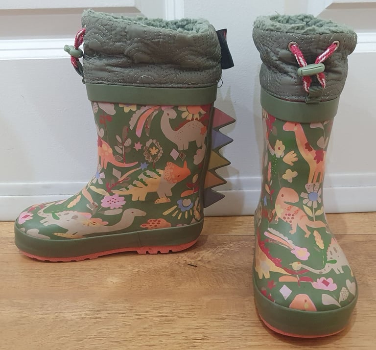image for NEXT Girls Kids Green Dinosaur Cuff Wellington Boots Wellies Size 9