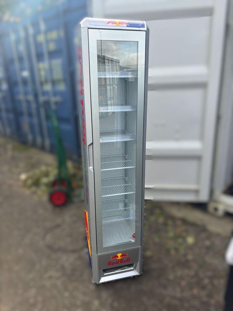 Red Bull Upright Display Fridge – Fully Working – Blue LED Lighting – £700