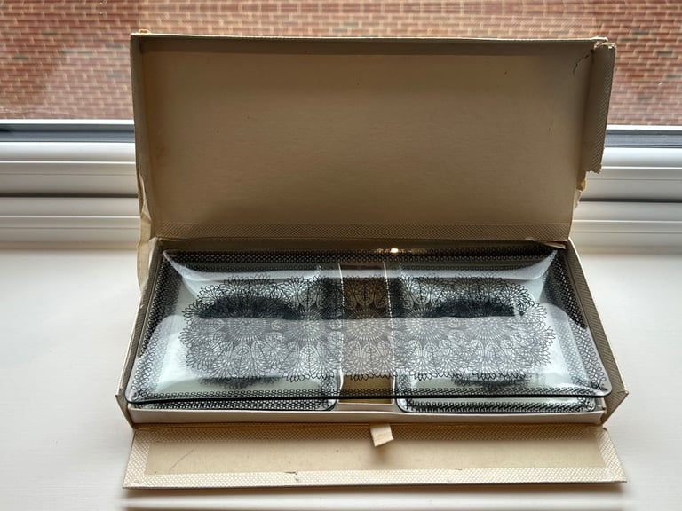 Vintage Chance Bothers Black Glass Rectangular Dish with 'Lace' Design Early 1950s