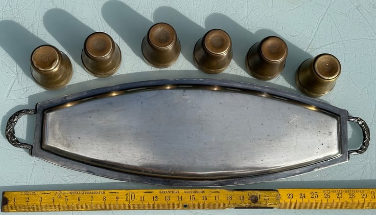 ANTIQUE FRENCH HUNTING SHOT CUP SET OF SIX STIRRUP CUPS & TRAY - 1900s - WILL POST!