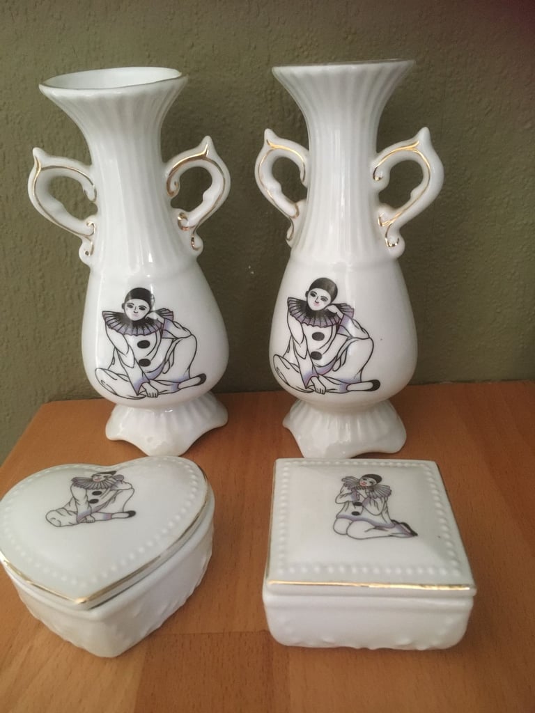 image for Vintage 1980s Collectable Pierrot Clown Ceramic 4 Piece Set 2x Vases 2x trinkets