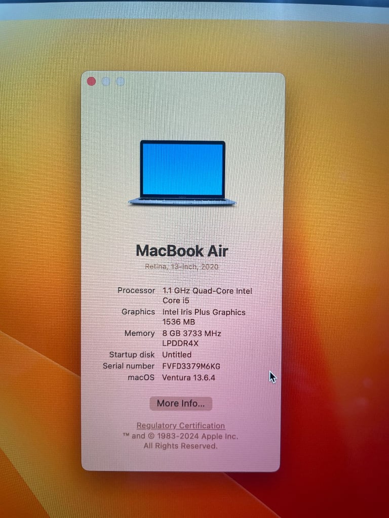 Apple MacBook Air Retina 13" 2020 1.1GHZ Quad-Core Intel core i5 8GB RAM 512GB SSD Ventura