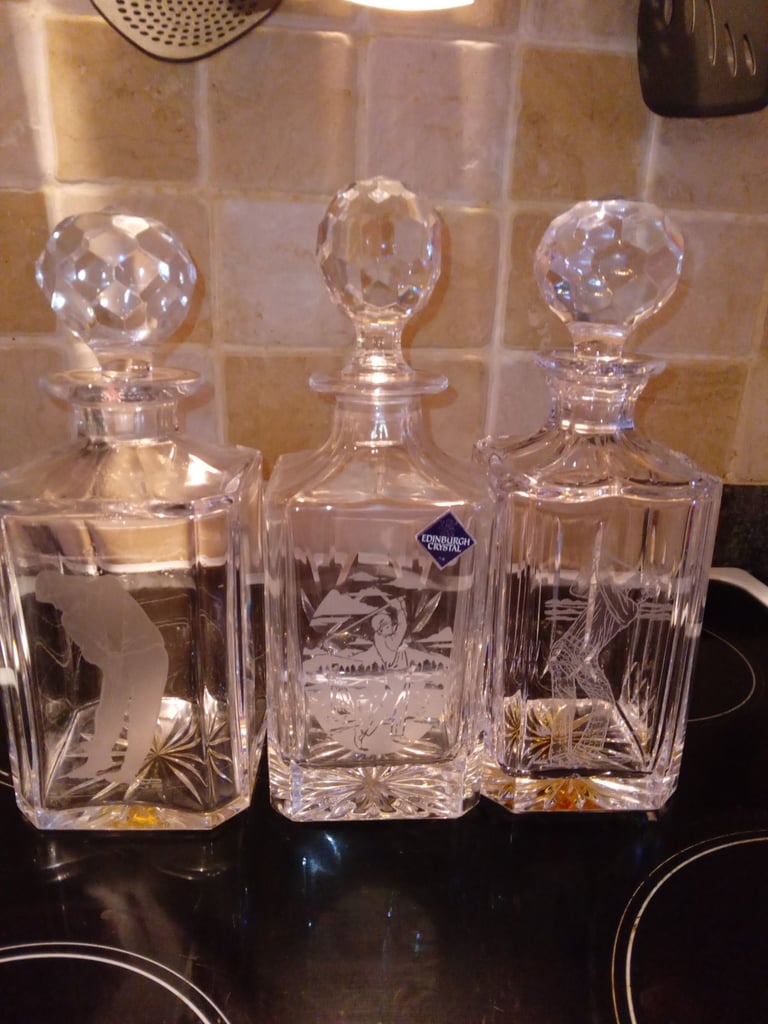 image for 3 x Etched with golfers Edinburgh Crystal whisky decanters