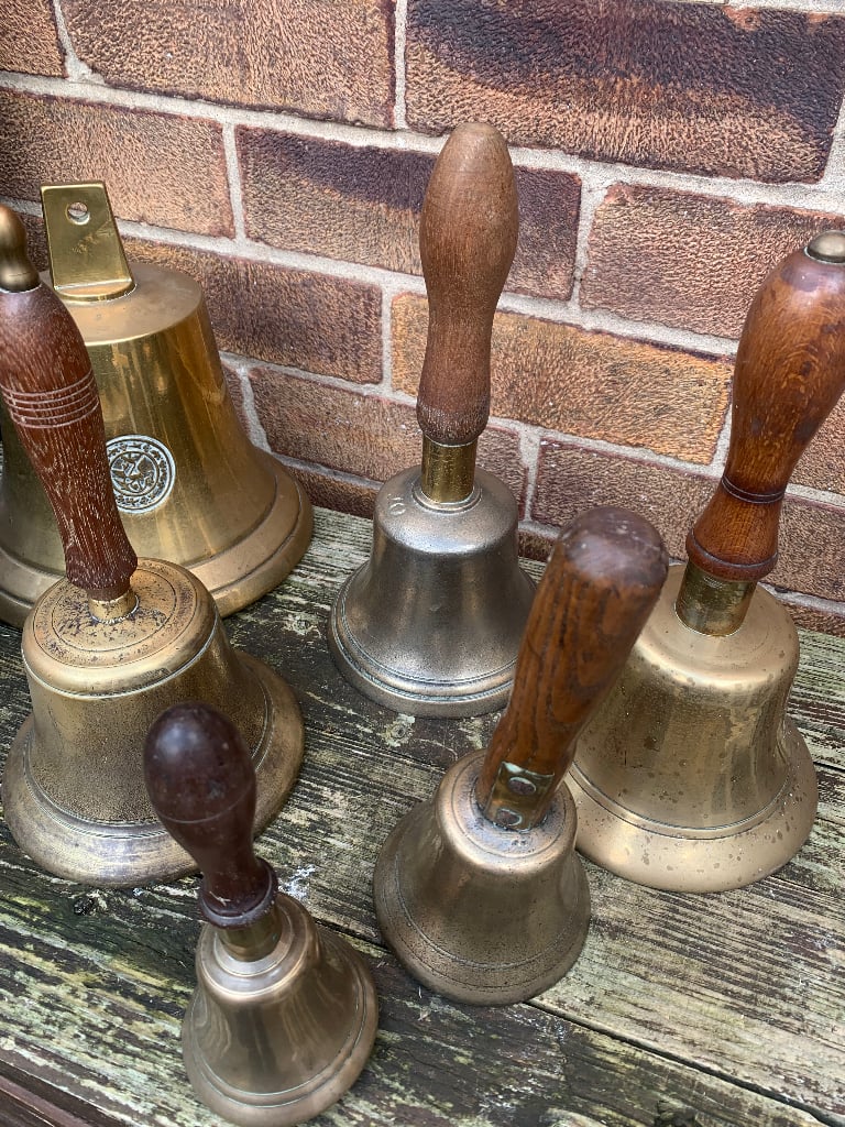 image for 5 Antique Brass Bells With Wooden Handles & 1 Ships Bell 