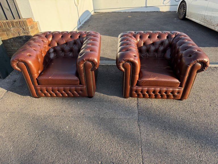 image for Can deliver Pair of chesterfield faux brown leather club armchairs 