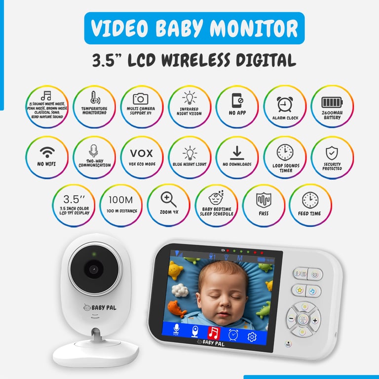 BABY PAL 3.5 Baby Monitor – No WiFi, 4x Zoom, Night Light, Science Sleep Sounds, Long Range, Timer