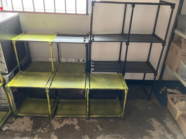 FOUR PLASTIC/MATERIAL DISPLAY STANDS GREEN/BLACK FOR SHOP RETAIL DISPLAY