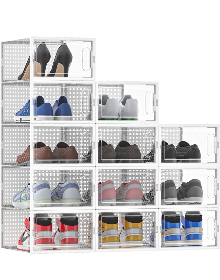 image for Shoe Storage Boxes Shoe Organizer for Closet, 12 Pack Clear Plastic Stackable Shoe Drop Front