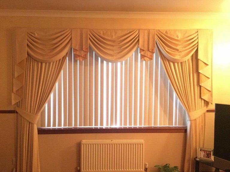 Swags, Tails and Curtains (fully lined). Cream/Gold + brand new swags/tails in contrast colour Inc