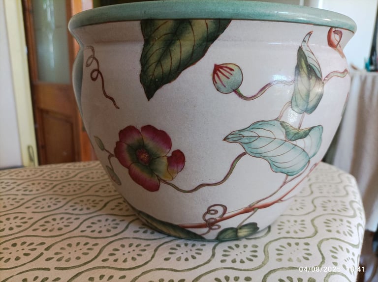 Available Terracotta Ceramic Glazed Botanical Pretty Flowers and Insects Pattern Plant Pot 