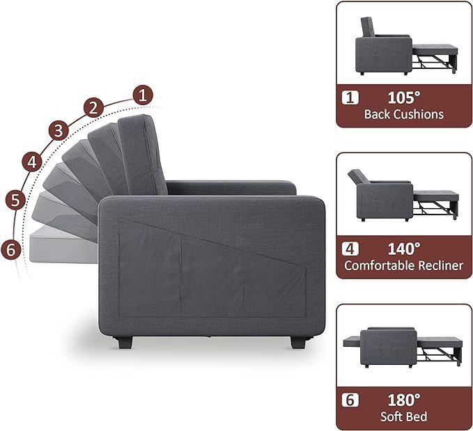 New Grey Single Sofa Bed, 3-in-1 Pull Out Convertible Sleeper Chair Bed RRP £265 Our Price £198