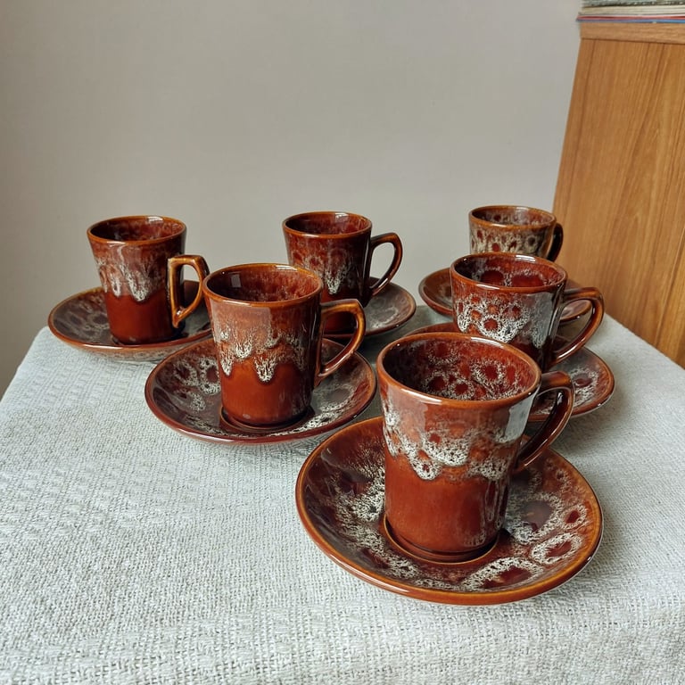 Six Vintage Cornwall Kernewek Pottery Cups And Saucers 