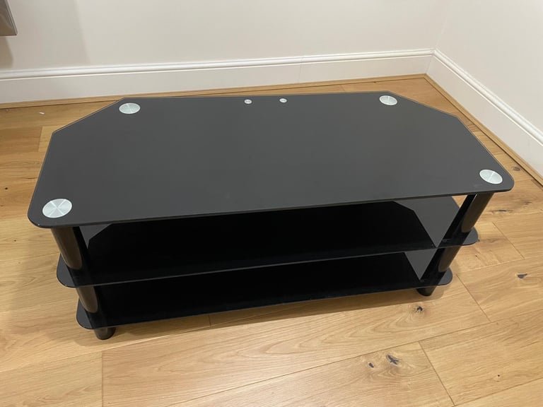 image for Modern Black Glass TV Stand with Shelves and Cable Management