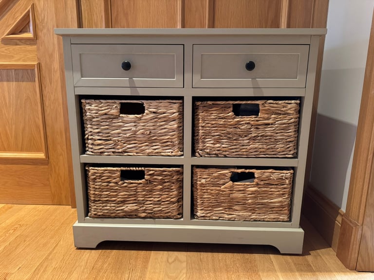 image for Grey Wooden Storage Unit 2 Drawer & Baskets - As New