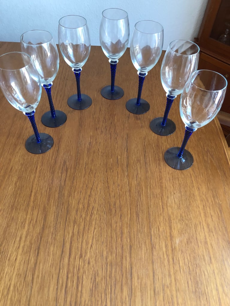 7 Blue stemmed glasses