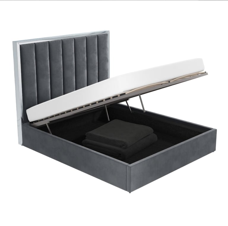 Grey Velvet King Size Ottoman Bed with High Headboard
