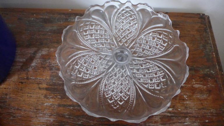 image for VINTAGE ANTIQUE GLASS CAKE STAND ON GLASS PEDESTAL.TASSA. SCALLOPED EDGE.