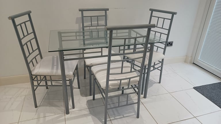 Glass Dining Table and x4 Chair Set (Silver)