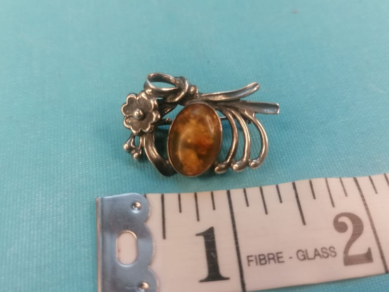 A Lovely Vintage Silver  with Baltic see Amber stone Brooch.  
