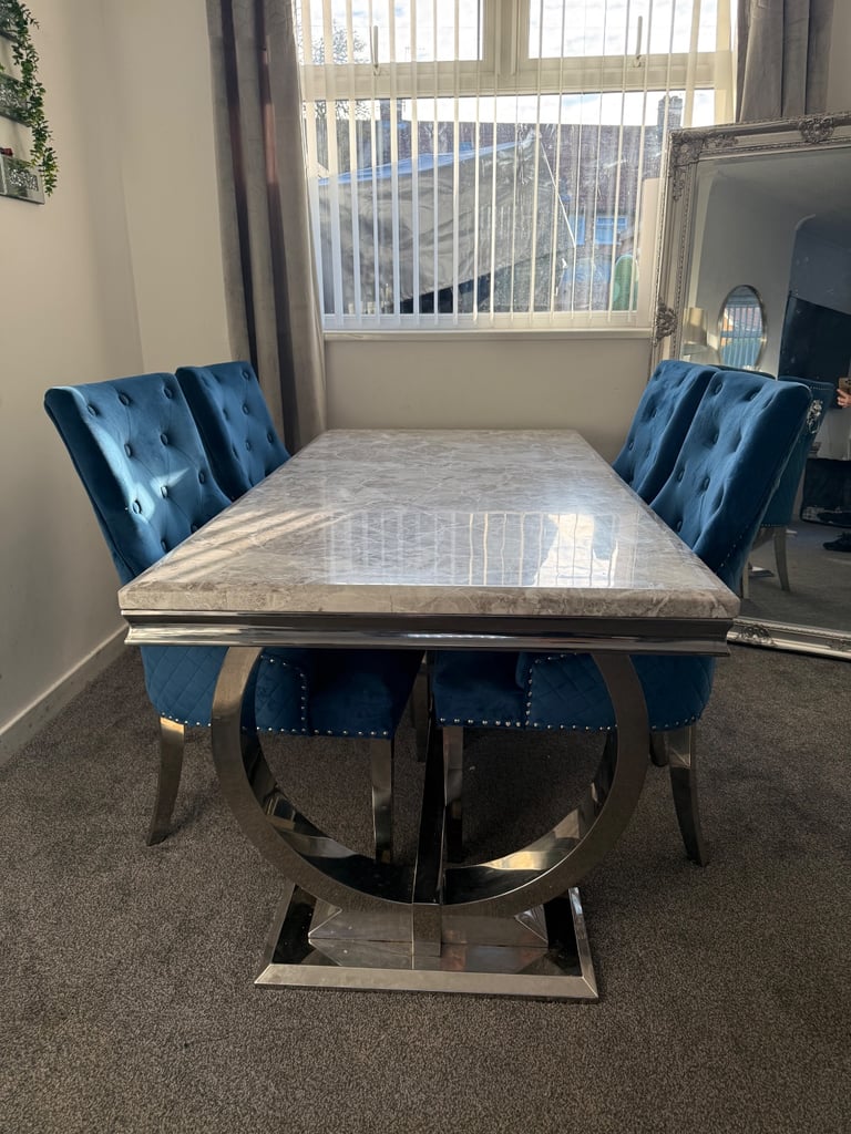Grey marble table + 6 navy blue chairs