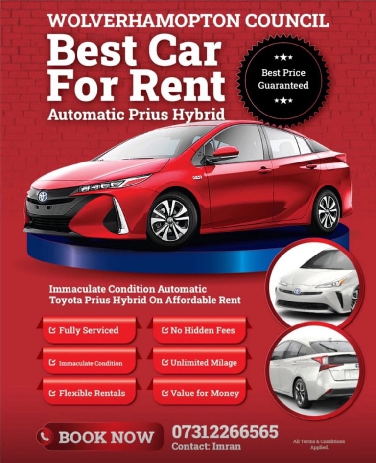 image for Wolverhamton Plated private hire vehicles available for rent. Hybrid Toyota Prius (from £120)