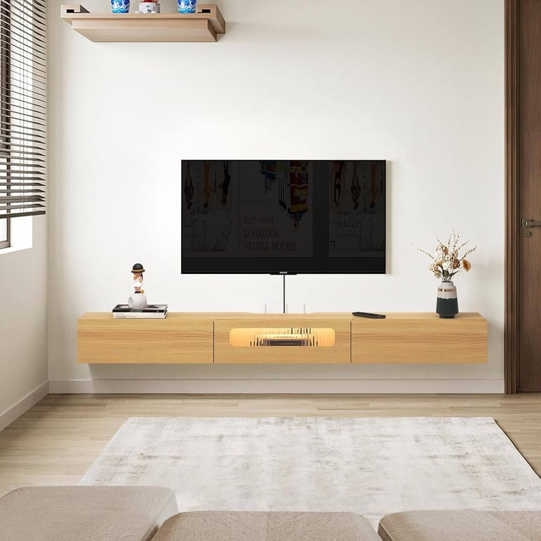 image for loating TV Stand with LED Lights, Wall Mounted TV Cabinet with Glass Door and 2 Drawers