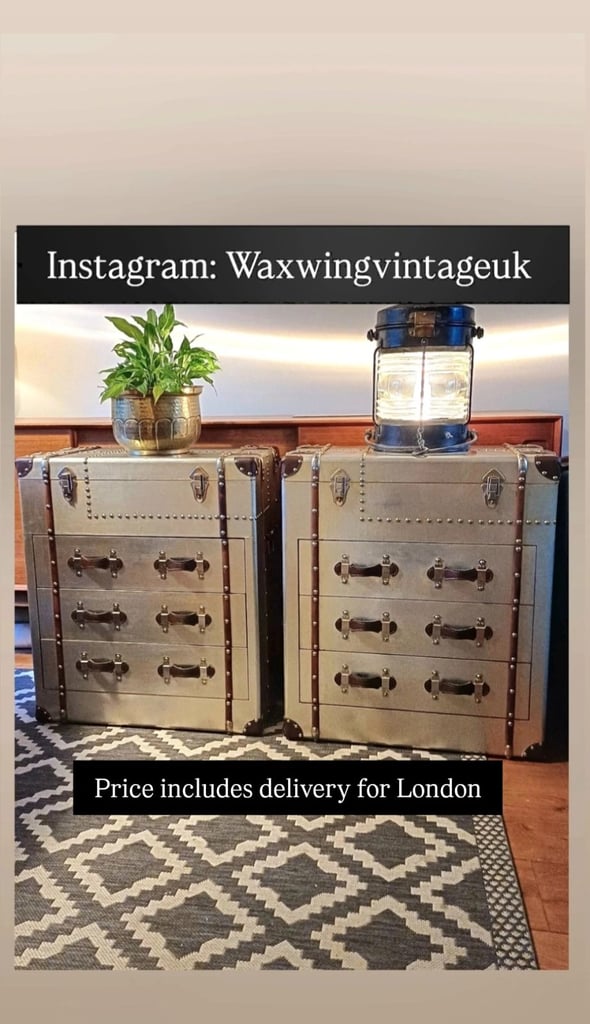 image for Pair of Timothy Oulton Style Aviator Metal Aluminium Chest of Drawers Industrial