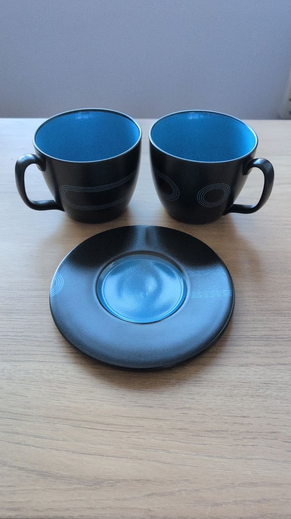 image for IKEA 2x Large Mugs and 1x Saucer Black Blue