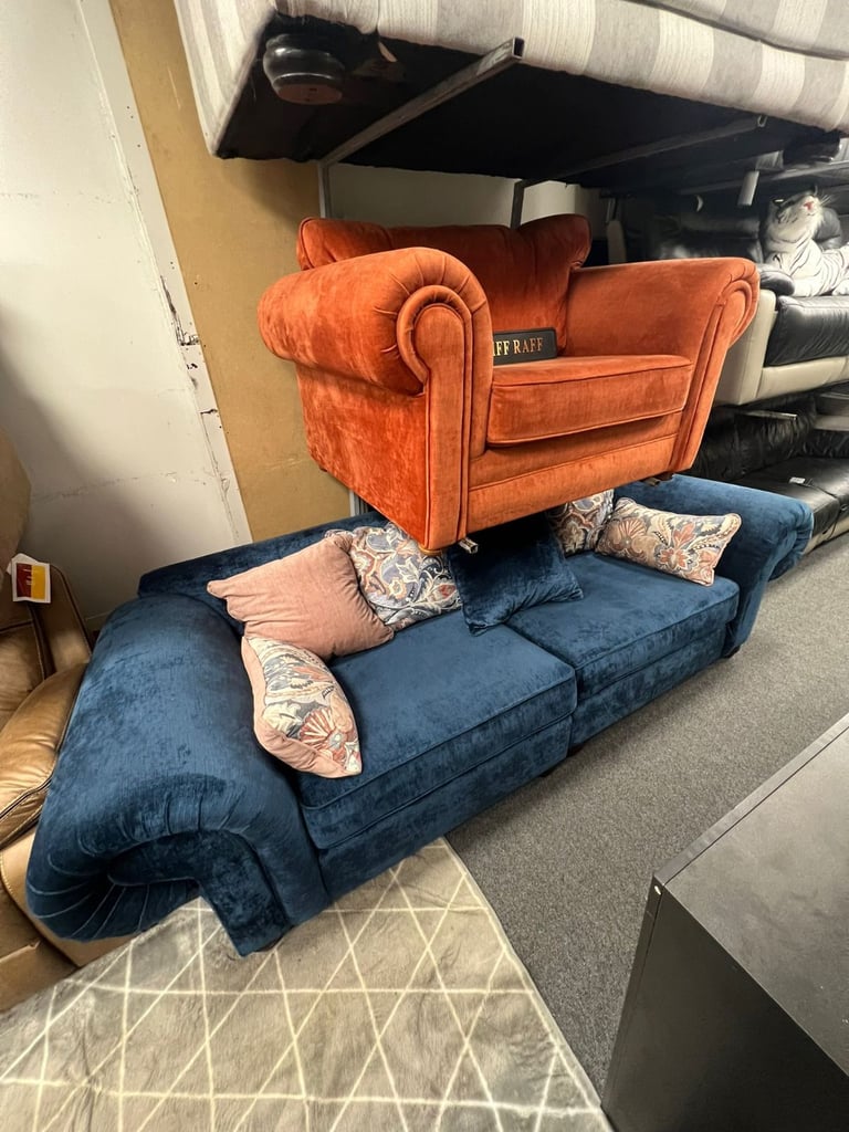 Big 2 seater and chairs and a half in a velvet fabric new condition £599