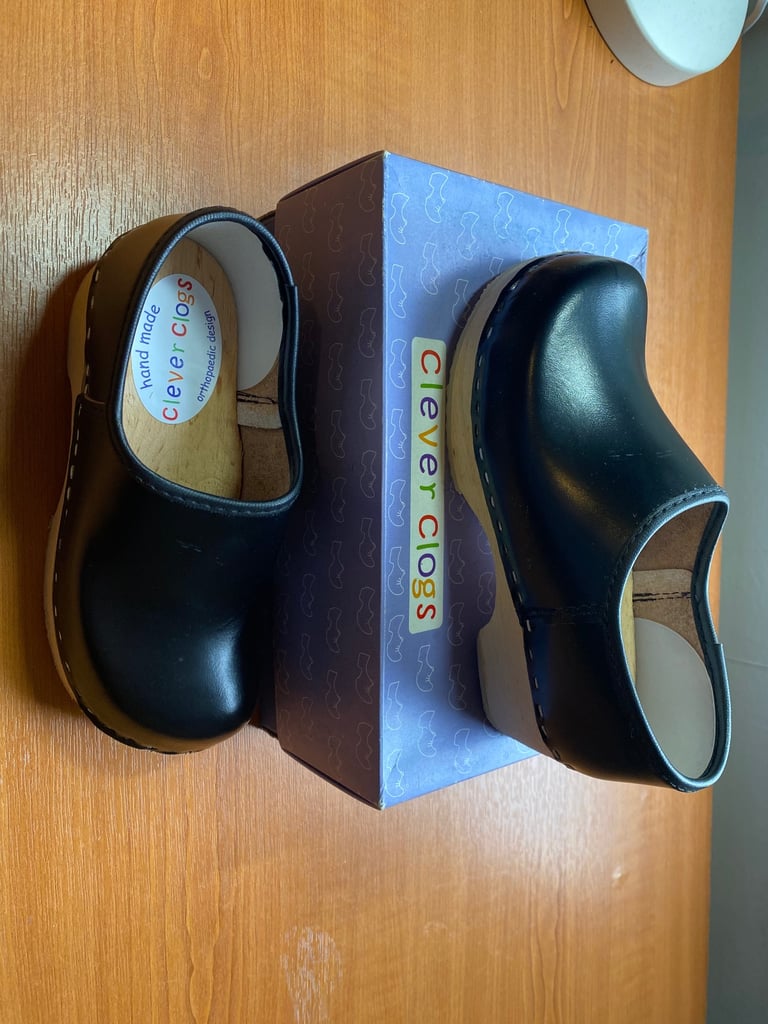 image for New vintage Genuine Handmade Clever Clogs black Wooden Leather Shoes Size 32 