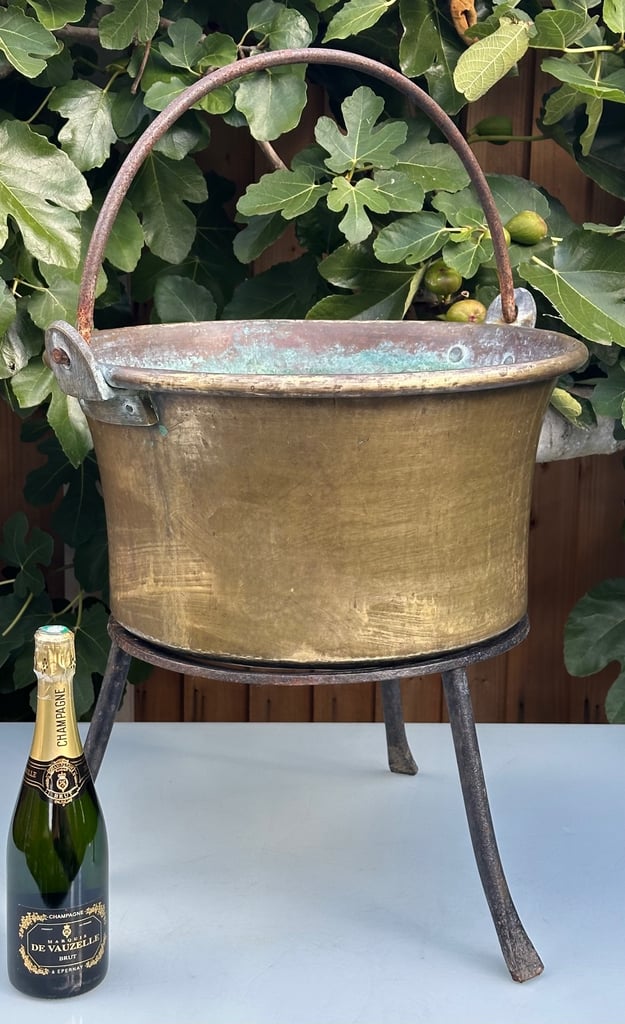 LARGE ANTIQUE FRENCH COPPER CAULDRON & STAND, LOG BUCKET, PLANTER, L58cm - 1900s - WILL POST!