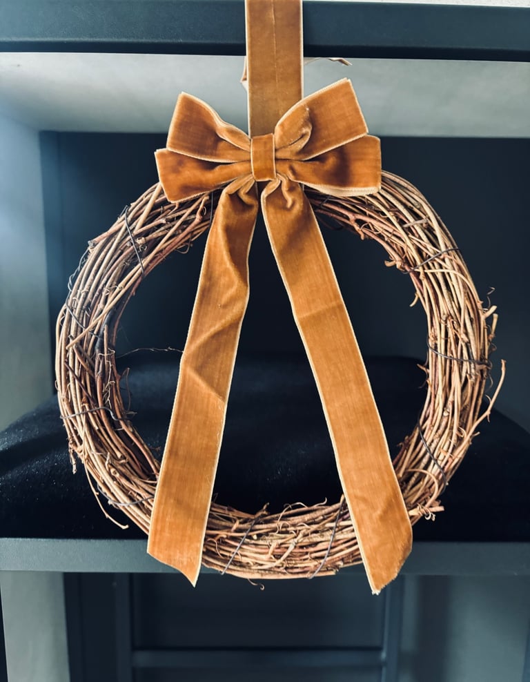 Handmade Rustic Vine Wreath with Velvet Bow and Ribbon.