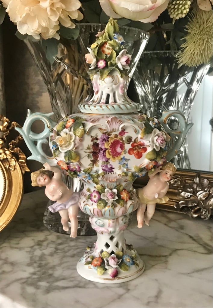 image for Antique Dresden Pot Pourri Urn Flower encrusted with Cherubs
