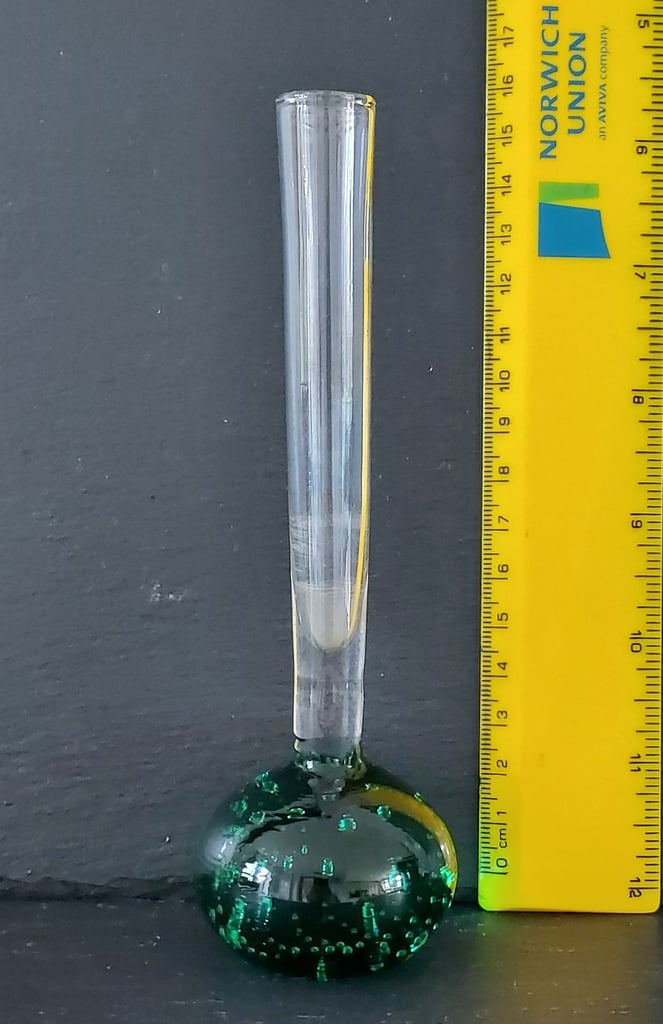 Vintage Green Bubble Glass Slim Bud Vase 16 cm Tall