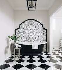 Shower Door, Bath Room Curtain + Chess (Check) Black & White Bathroom Tiles and Plumbing Fittings.