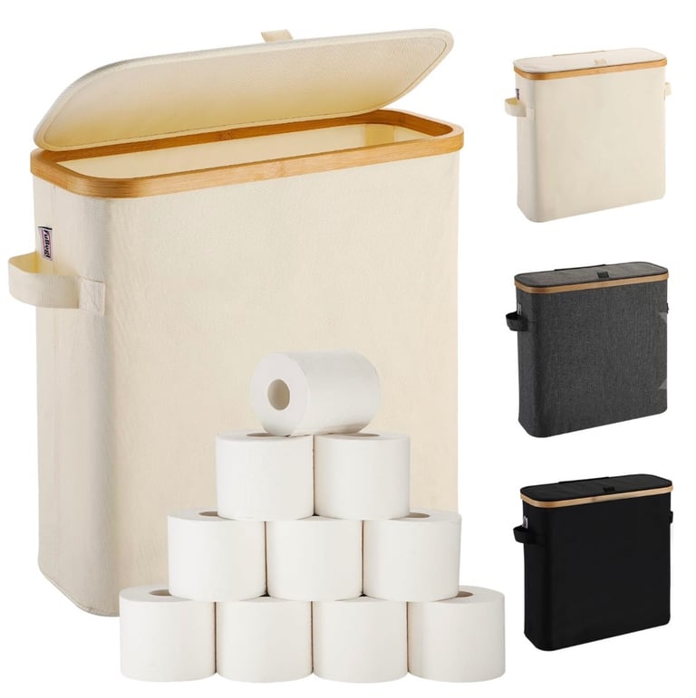 image for Bamboo Toilet Roll Storage Basket with Lid - Beige
