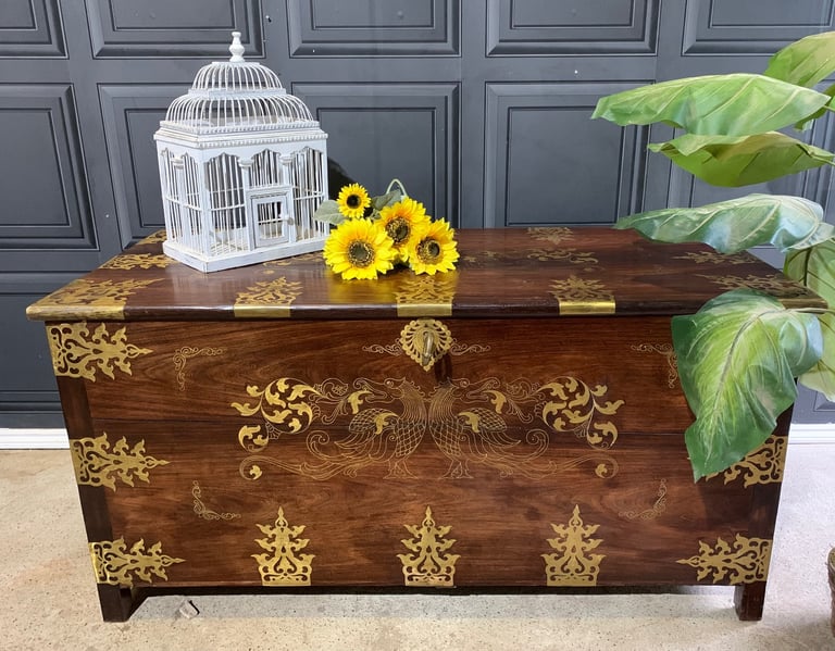 Anglo Indian Antique Style Solid Rosewood Inlaid Brass Dowry Chest Blanket Box Storage