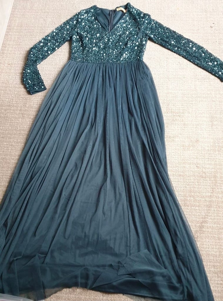 image for Maya Deluxe Women's Bottle Green Emerald Embellished Long Sleeve Maxi Dress Bridesmaid Prom. UK 10.
