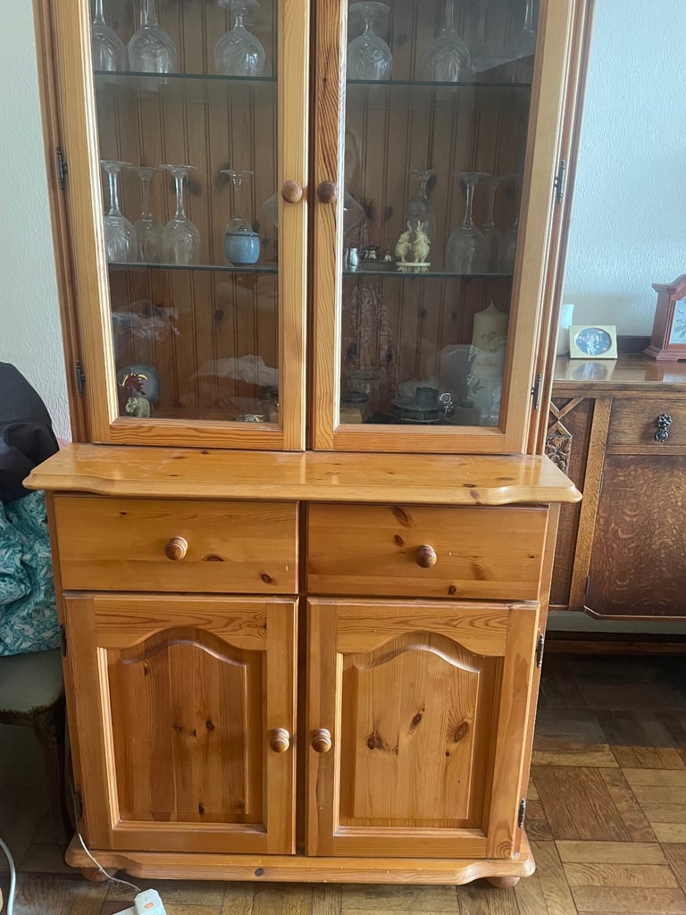 solid pine vintage 2 drawer and door dresser with a glass display unit with lights