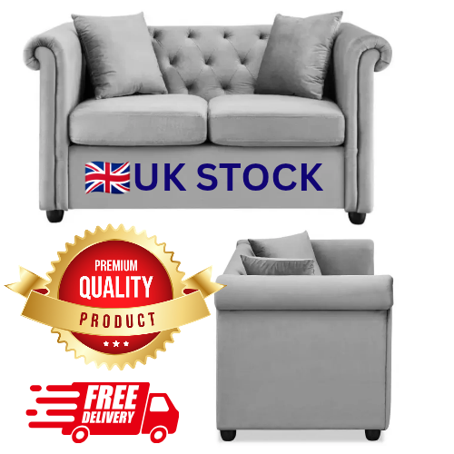image for New 2 Seater Grey Velvet Sofa Couch | Modern Living Room Settee Furniture | SALE