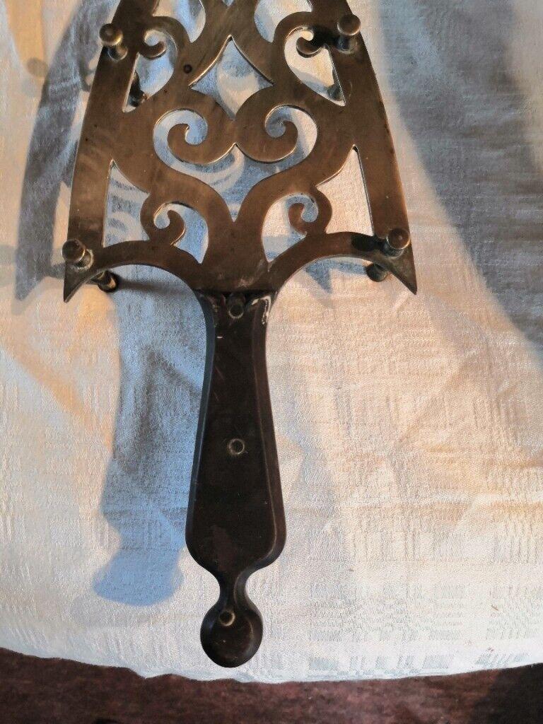 Antique/Vintage Wood & Solid Brass Iron Shape Stand/Trivet - Decor