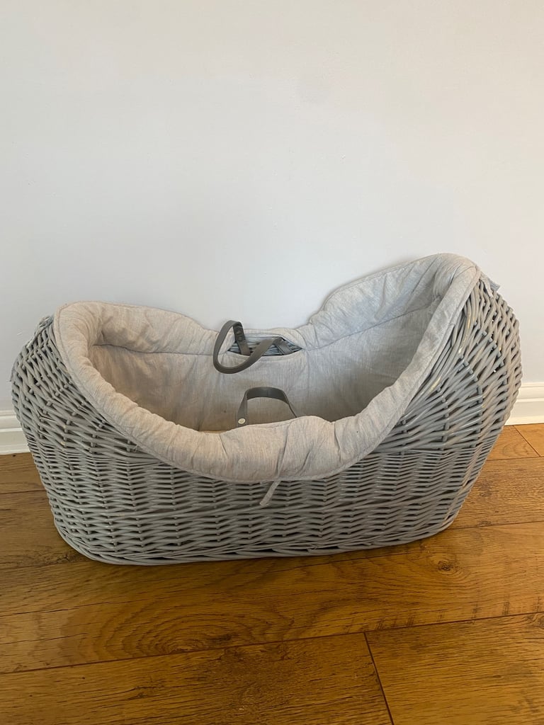 image for Baby Moses Basket – Grey Wicker with Liner – Nursery Cot / Newborn Bed